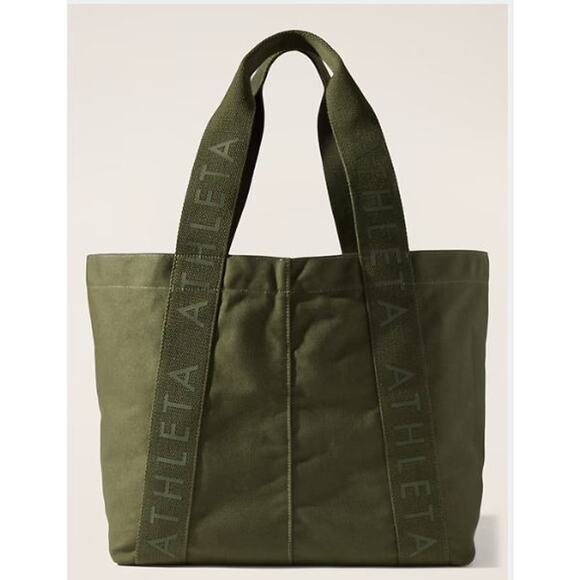 NEW Athleta Logo Canvas Tote Bag Olive Green Reuseable Grocery Travel Gym Beach - Picture 1 of 4
